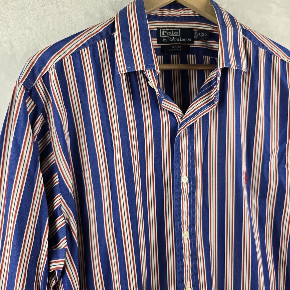 Polo Ralph Lauren Button Up Shirt Regent Classic Fit Red White Blue Stripe 17 XL